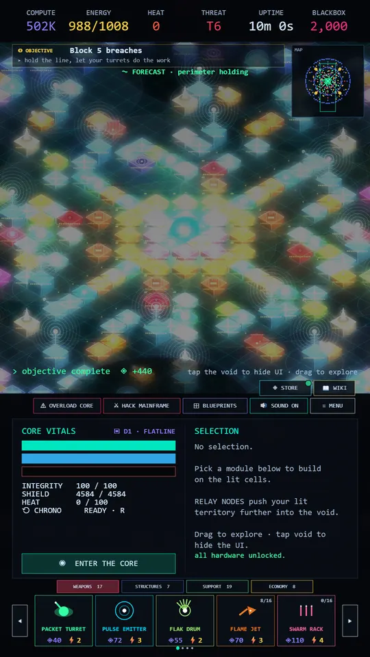 REDOUBT in portrait: a wave breaking on an isometric grid of turrets and walls around the core. Compute, energy, heat and threat run across the top, the build tray across the bottom.